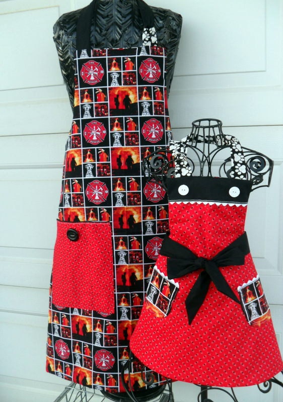 Father Daughter Reversible Apron Set Firemen and Dalmations Full Matching Aprons