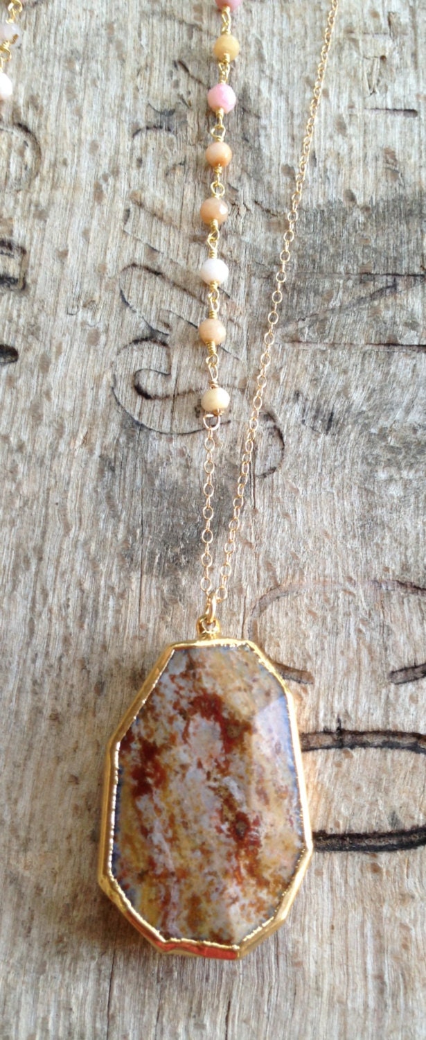 Gold Edged Agate pendant stone necklace with wire wrapped pink opal stone chain