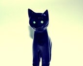 Pyewacket... Vintage 60's Black Glass Green Rhinestone Eyed Czech Carved Glass Cat