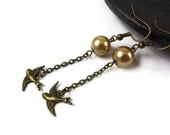 Champagne Bird Earrings - Dangle Pearl Gold Antiqued Bronze Chain Victorian Beaded