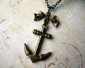 Gold Anchor Necklace, Nautical Jewelry, Simple Anchor Necklace,  Boho Pendant, Bow, Bronze Brass Jewelry