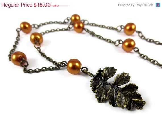 Spring SALE Boho Leaf Necklace - Bohemian Pendant Bronze Orange Pearl Rustic Brass Antiqued