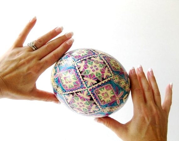 Blue Ostrich Pysanka, batik egg, Ostrich egg shell, Ukrainian Easter egg, hand painted egg