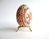 Turquoise and red goose egg Pysanka Ukrainian Easter egg, batik decorated Goose egg