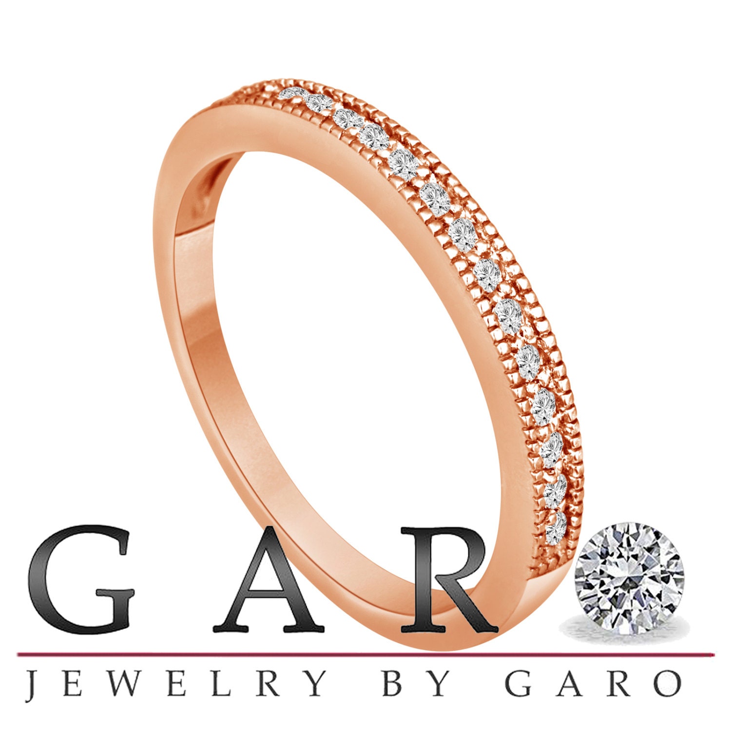 0.18 Carat 14K Rose Gold Wedding & Anniversary Diamond Band handmade milligrain Pave Set