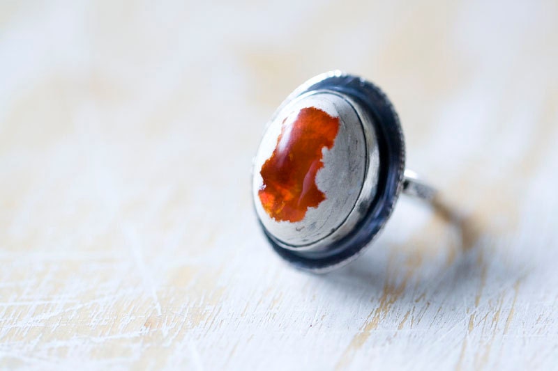 Mexican Fire Opal Sterling Silver Ring - Boulder Opal Ring - Size 7 - Velvet Memories