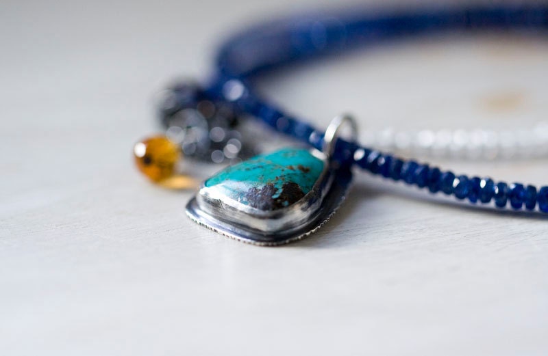 Turquoise, Blue Sapphire, White Topaz Necklace in Sterling Silver necklace - Arizona Turquoise - Montana Sapphire Necklace - Color Splash