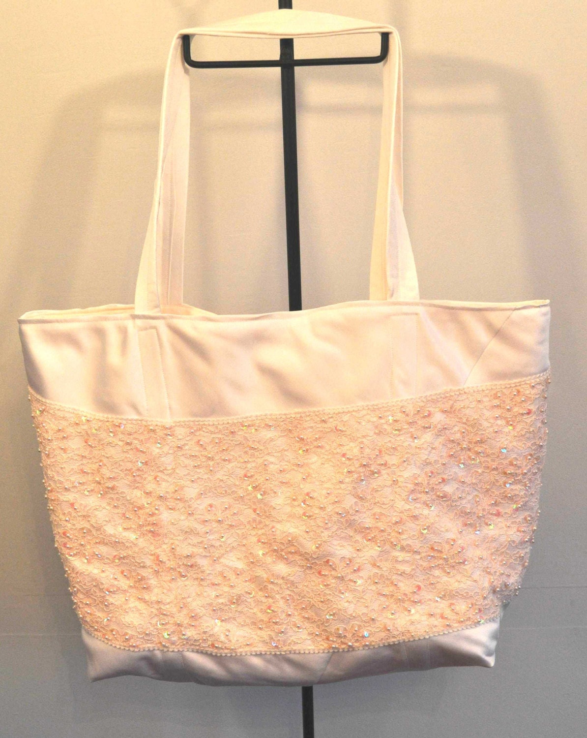 Blush pink and white bridal tote bag lace and beaded brides bag