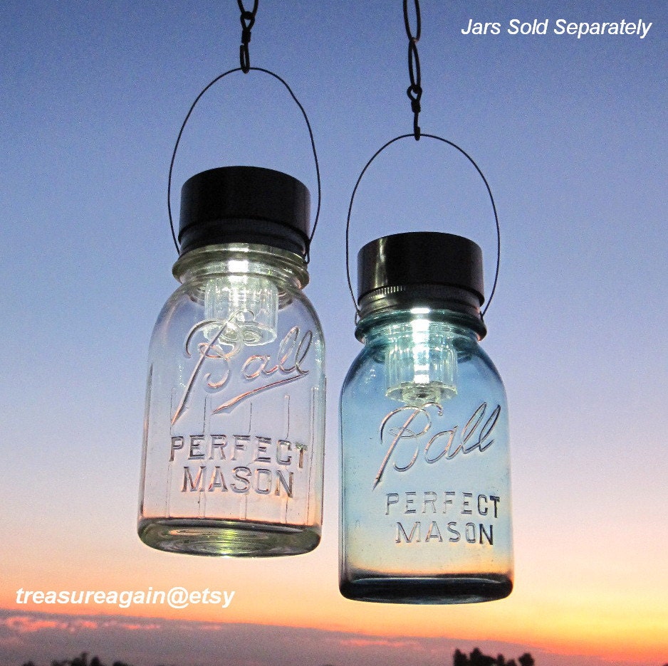 Hanging Solar Mason Jar Lids 2 Outdoor Garden Upcycled Mason Jar Solar Lights with Hangers, No Jars
