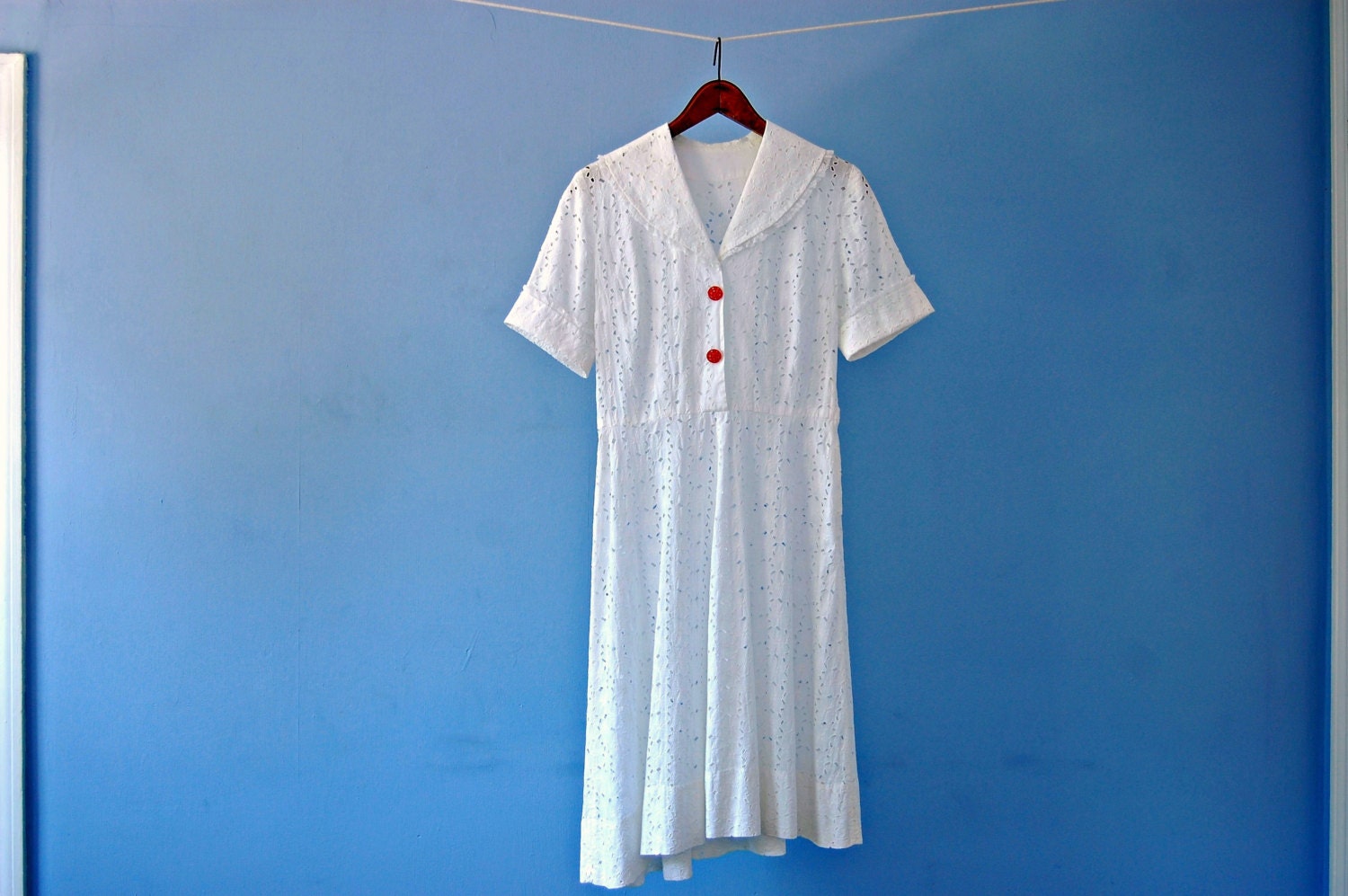 50s Summer Swing Dress Cotton Tea Length White Vintage Dress Floral Eyelet Cutout 1950s Day Shirtwaist Shawl Collar Shirt Waist Small