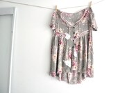 Floral French Romantic Mini dress tunic top Medium/ Large buttoned oversized  XL open loose with tie middle tattered upcycled reconstructed