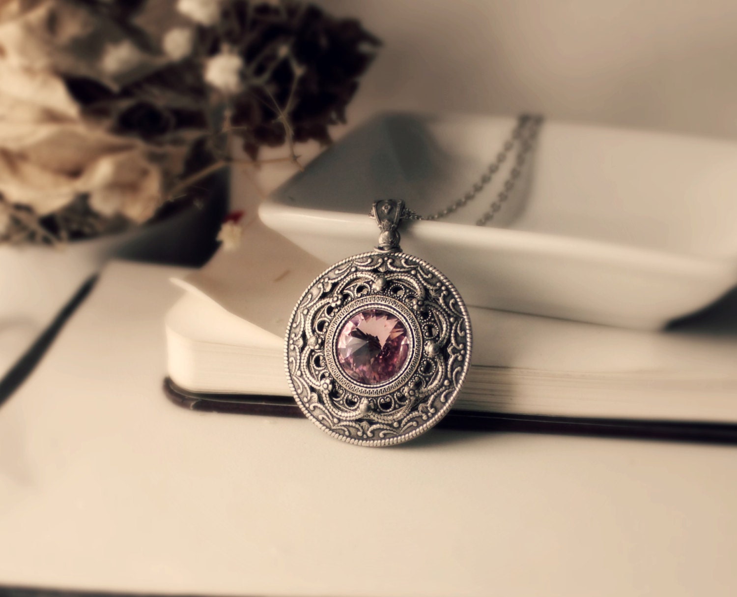 Apothecary Aged Silver and Swarovski Necklace - Silver - Purple - Amethyst - Soft  - Steampunk - Victorian - Fantasy - Bridal