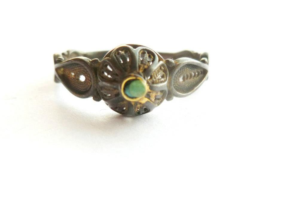 Vintage Chinese Sterling Vermeil Turquoise Ring Ornate Filigree