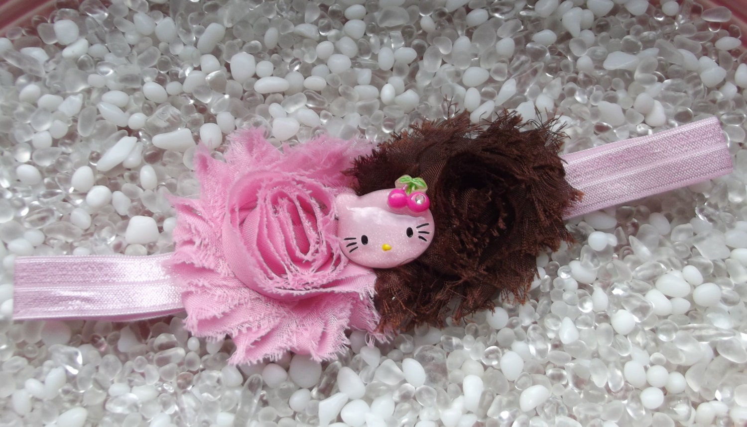 Hello Kitty Shabby Chic Pink & Brown Double Flower Headband - Baby -  Newborn - Infant - Toddler - Girl - Teen - Adult - Photo Prop