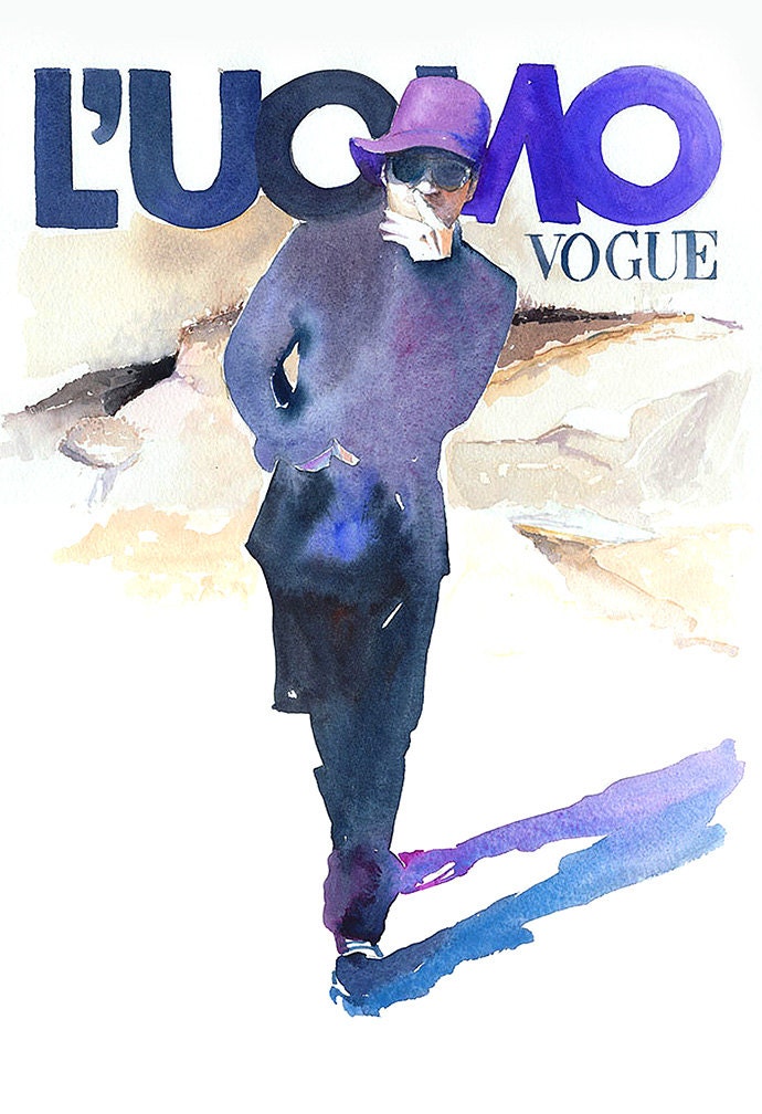 Print of Watercolour Fashion Illustration. Titled - L Uomo Cover