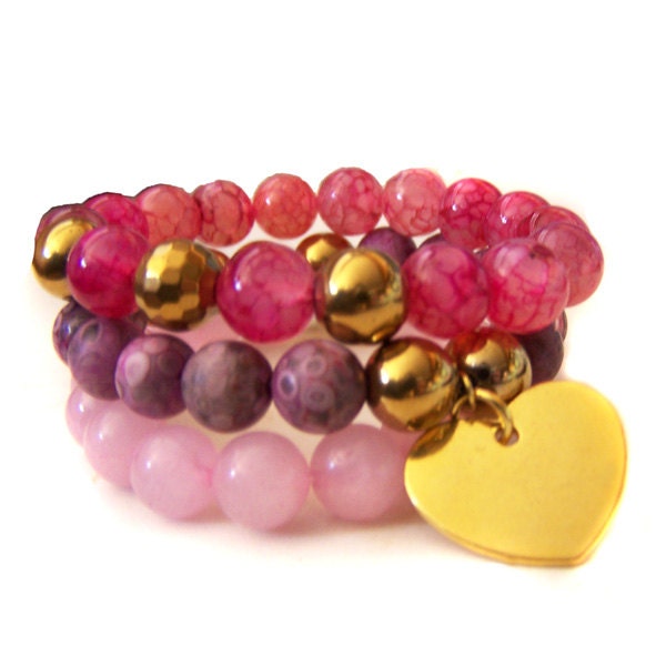 Lavender  Ocean Jasper Stretch Bracelet with Golden Heart Charm, Lilac Stretch Bead Heart Bracelet