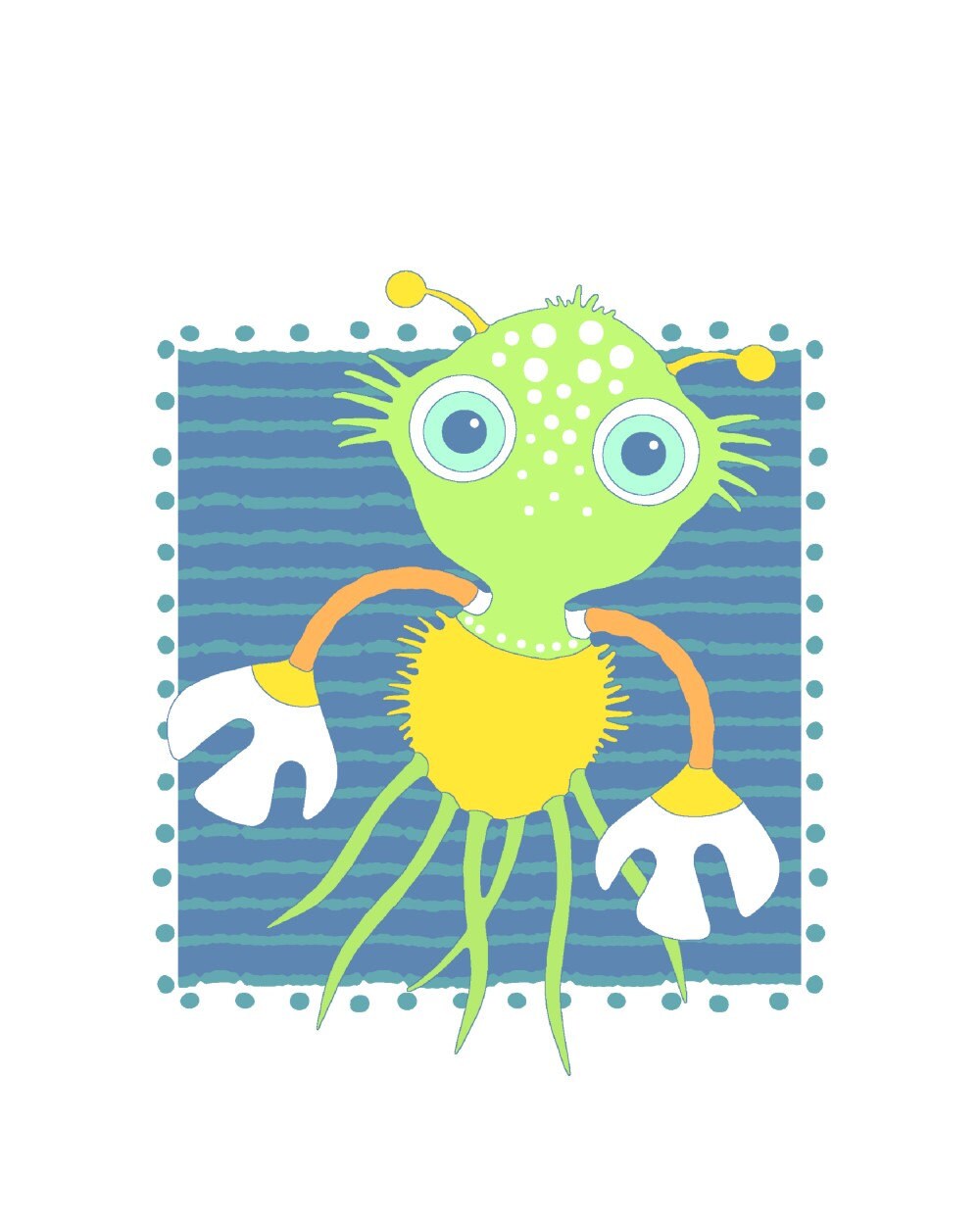 Cute sea monster, room decor art print, sea animal, baby nursery wall art, digital art, sea monster, green, blue, sea life, 53