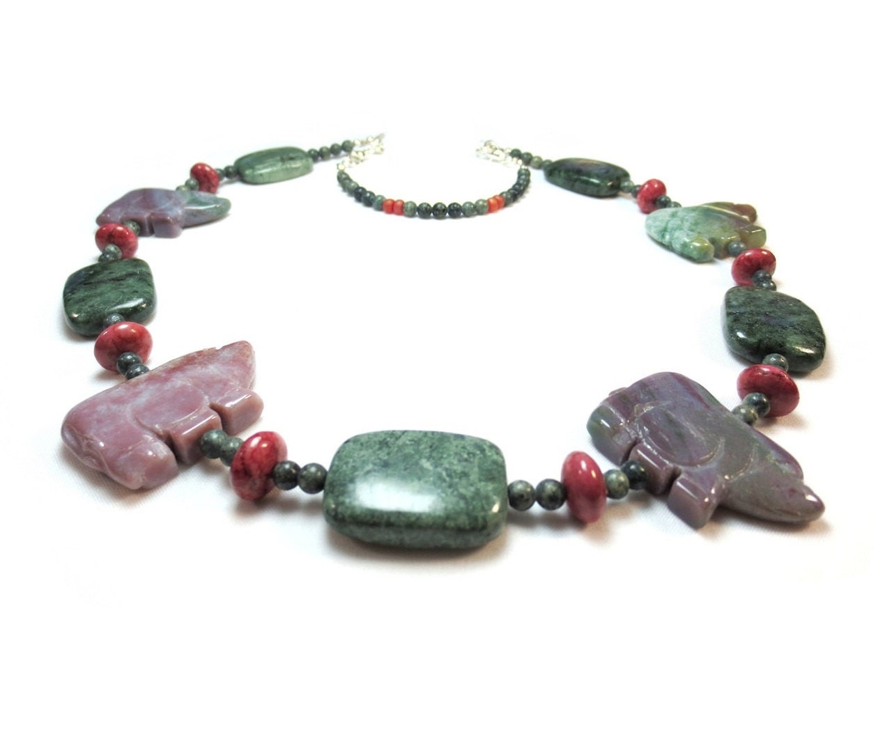 Serpentine Necklace, Pink Jasper, Green Serpentine, Animal Fetish, Stone Necklace, Primitive, Tribal, Emerald Jasper, Beaded Necklace, Rhino
