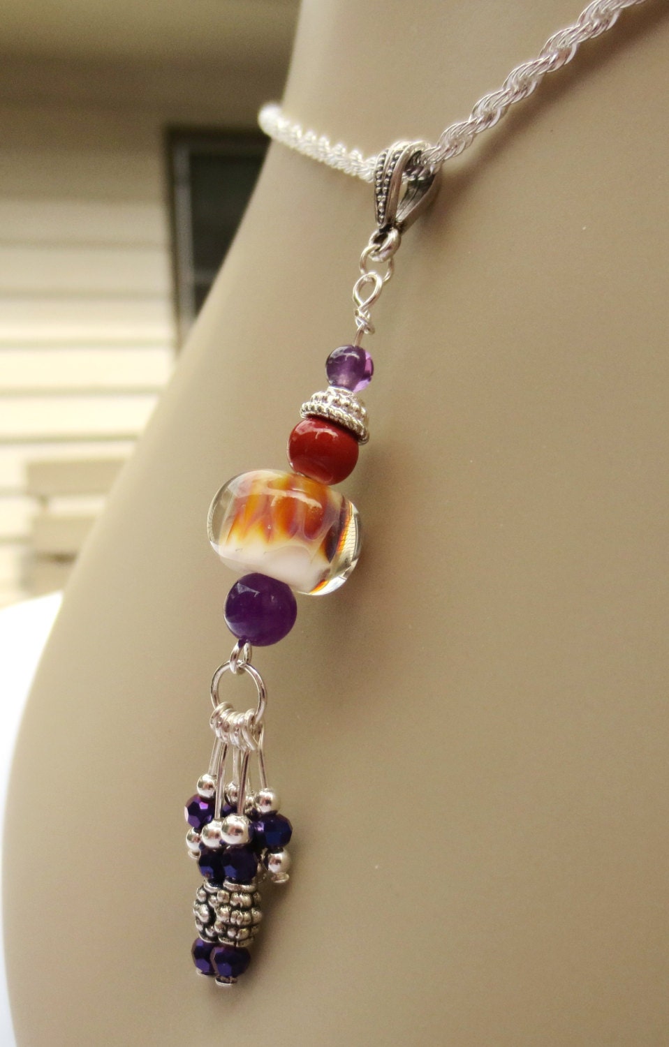 Pendant Necklace, Lampwork Bead, Clemson Colors, Purple Amethyst, Garnet Crystal, Orange Ceramic Bead, Silver Chain, Borosylicate Bead