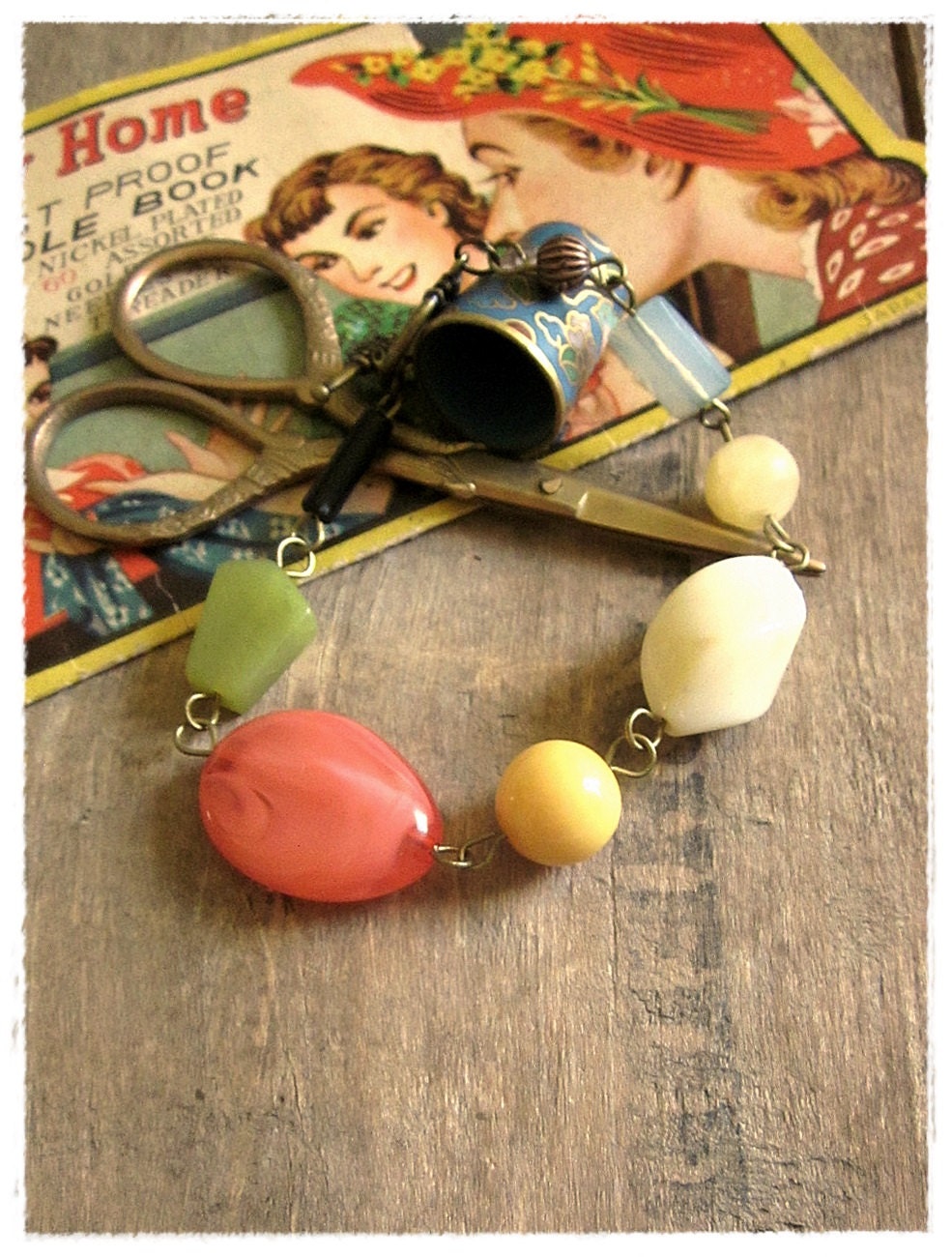 Colorful Beaded Bracelet, Chunky Vintage Beads, Eco Friendly, Bohemian, Green, Aqua, Yellow, Fuchsia, Statement Jewelry