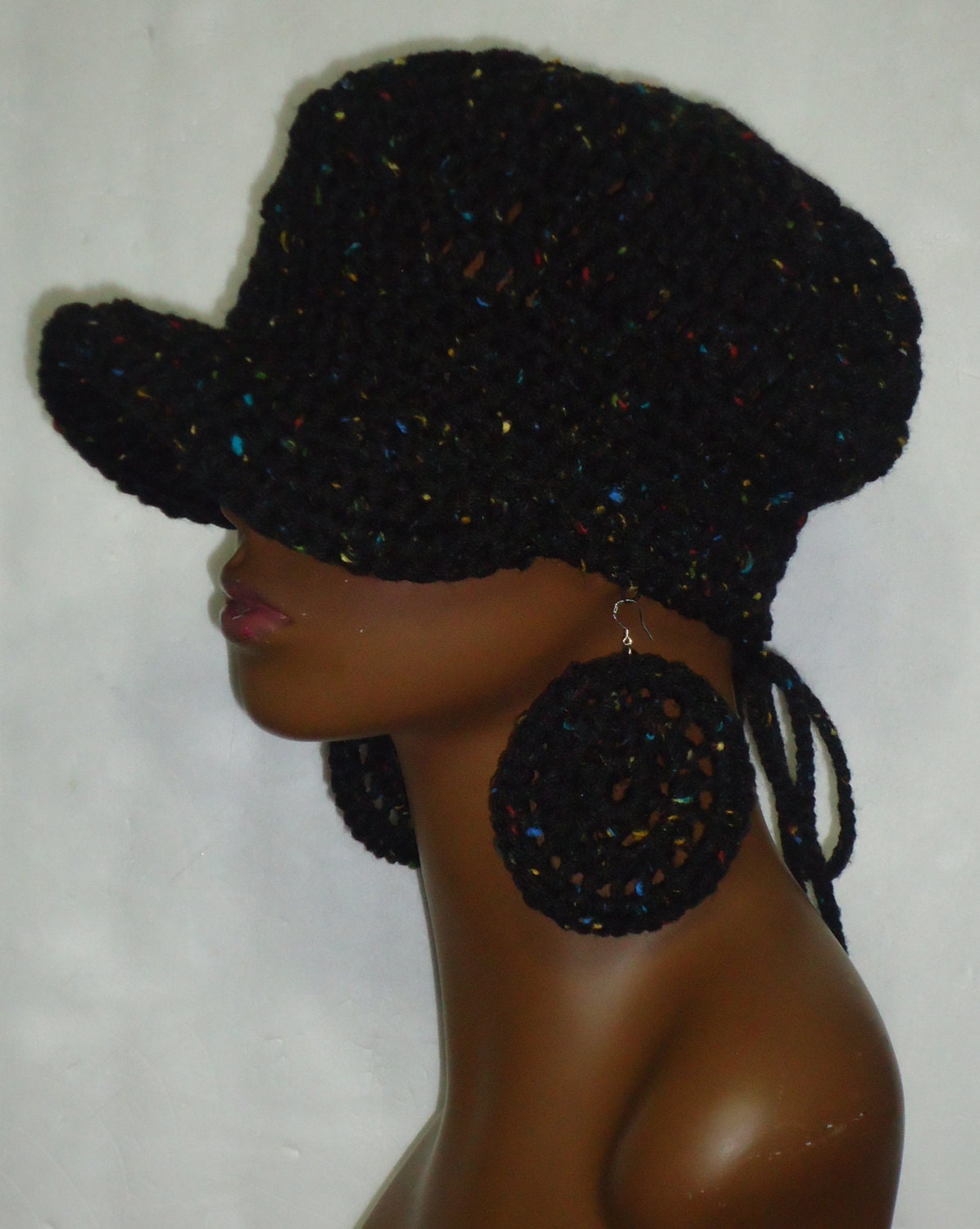 Crochet Snug Cap and Earrings with Drawstring  Black with Rainbow Flecks