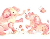 Elephant Art, Elephant Print, Pink Nursery Art, baby girl nursery, gift for new mom, Pink Art - "Trunk Puffs in the Pink"