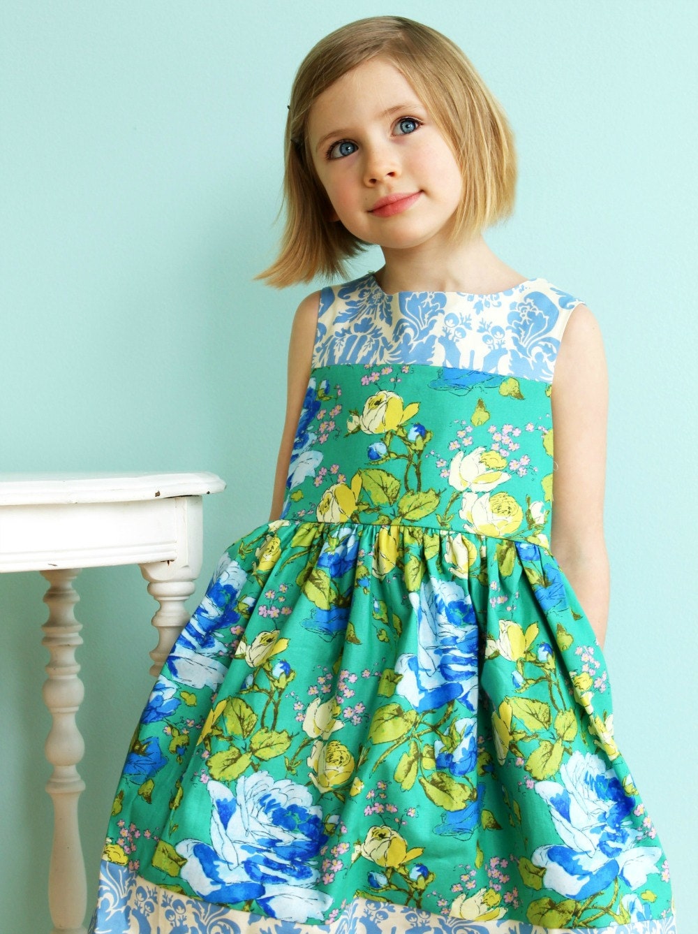 Girls Spring Easter Dress-   Emerald Blooms Pocket Party Dress