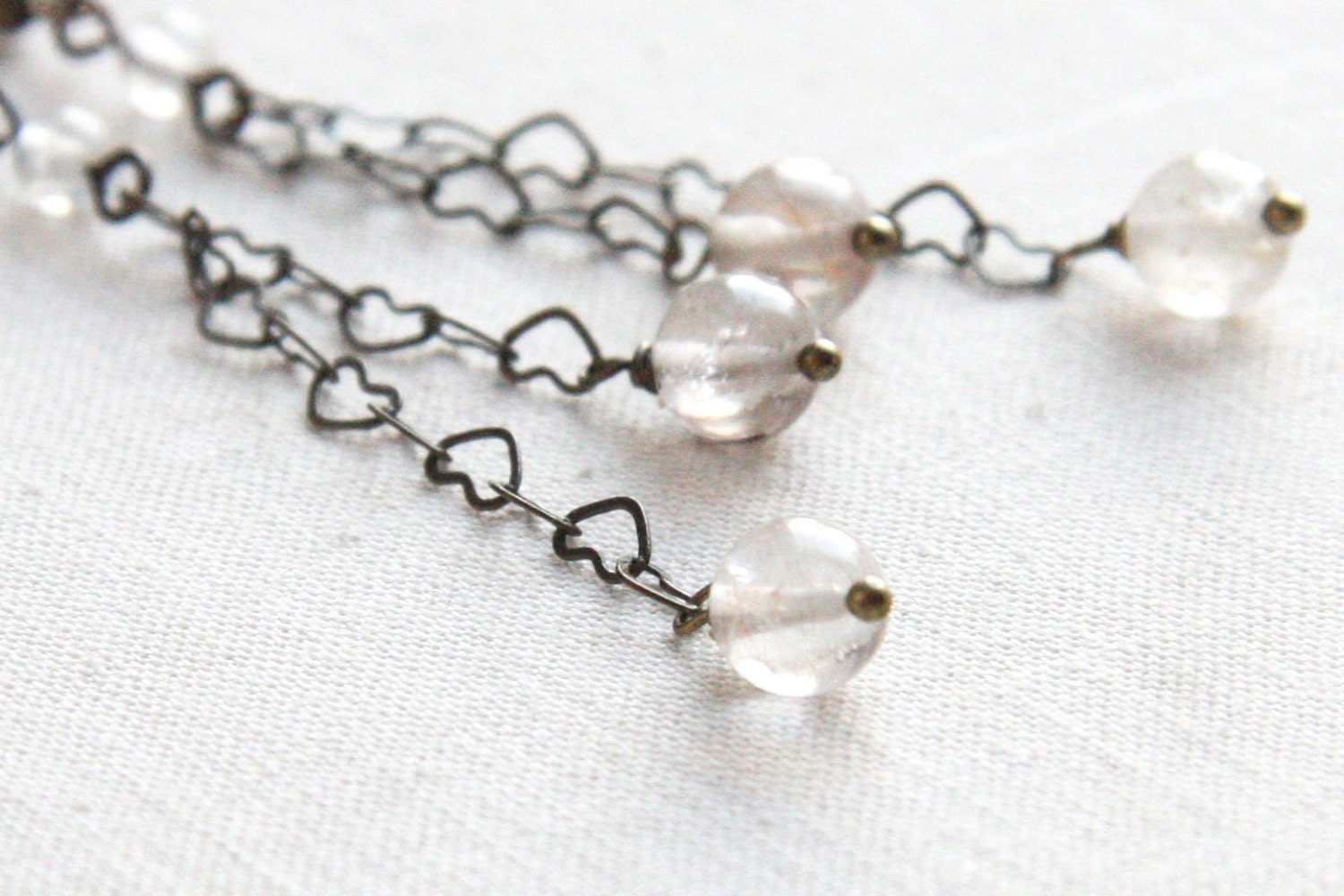 Genuine Quartz Earrings, Heart Chain Cluster Earrings, Long Earrings, Wire Wrapped Stones, Romantic Feminine, Antique Bronze