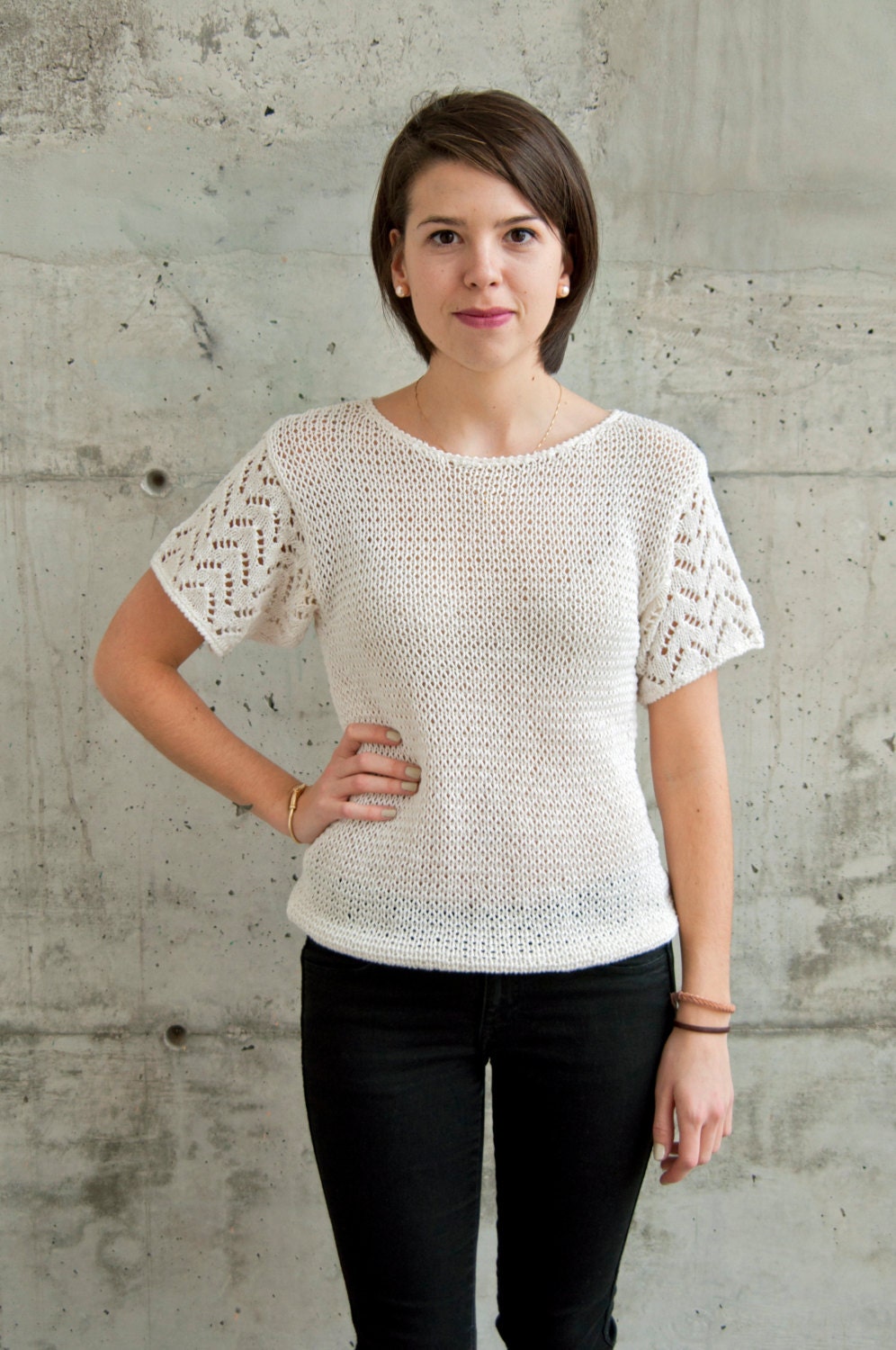 Short Sleeve White Sweater / Knitted See Through Top / Crochet Comfy Sweater