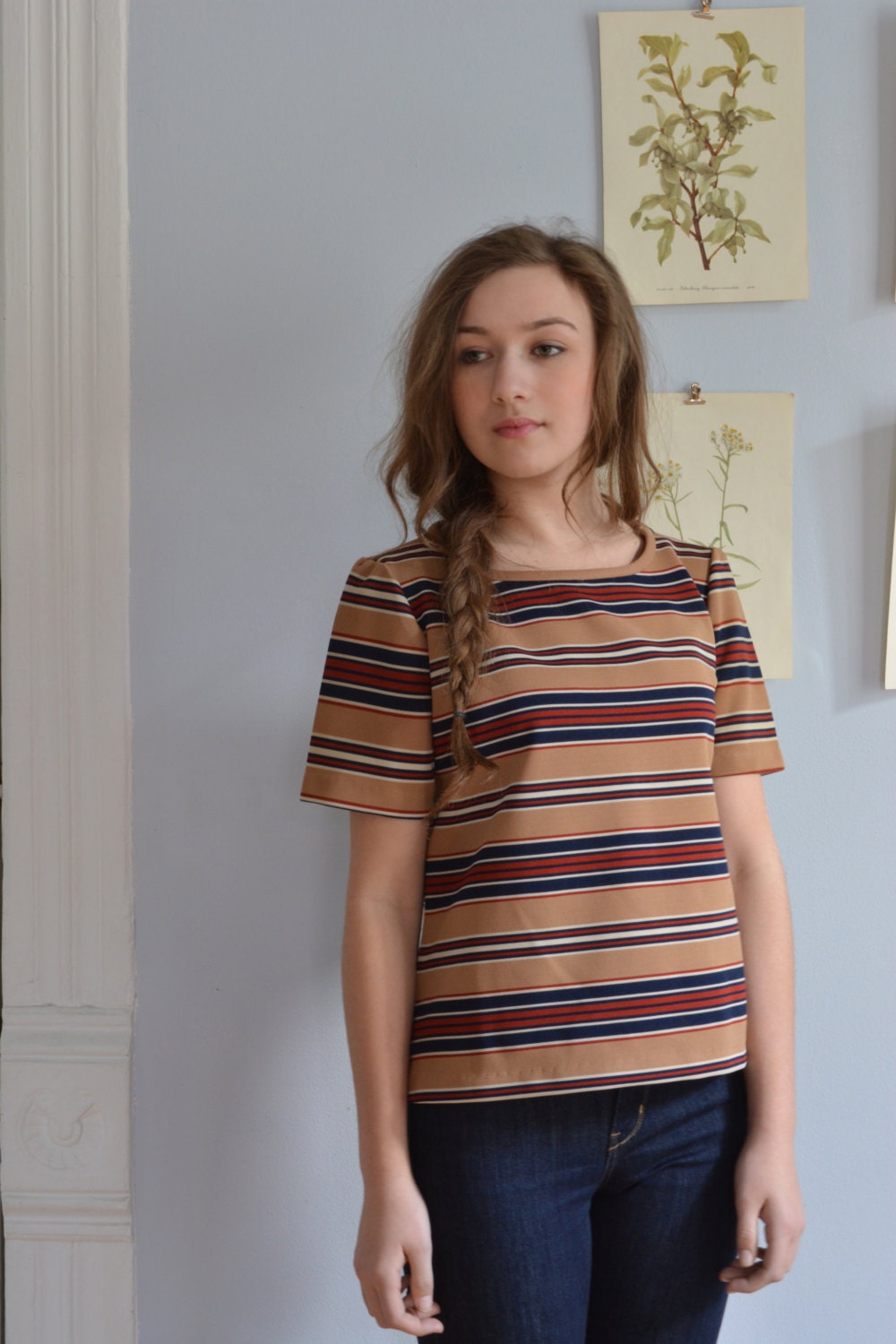 Vintage 1970s Polyester Striped Shirt - Mod - Size Medium