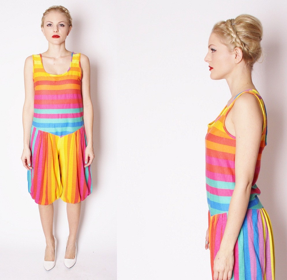 Rainbow Vintage Harem Pants One Piece Romper Onesie Playsuit Jumper  Pant suit / Rainbow / Bold Color / 1696
