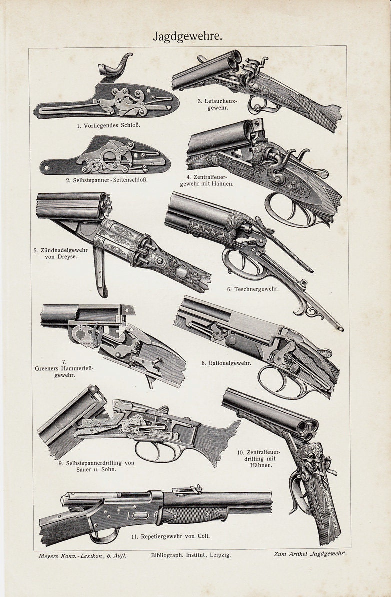 1908 Antique GUN print, old hunting rifles, shotguns, original antique 104 yeasr old nice print