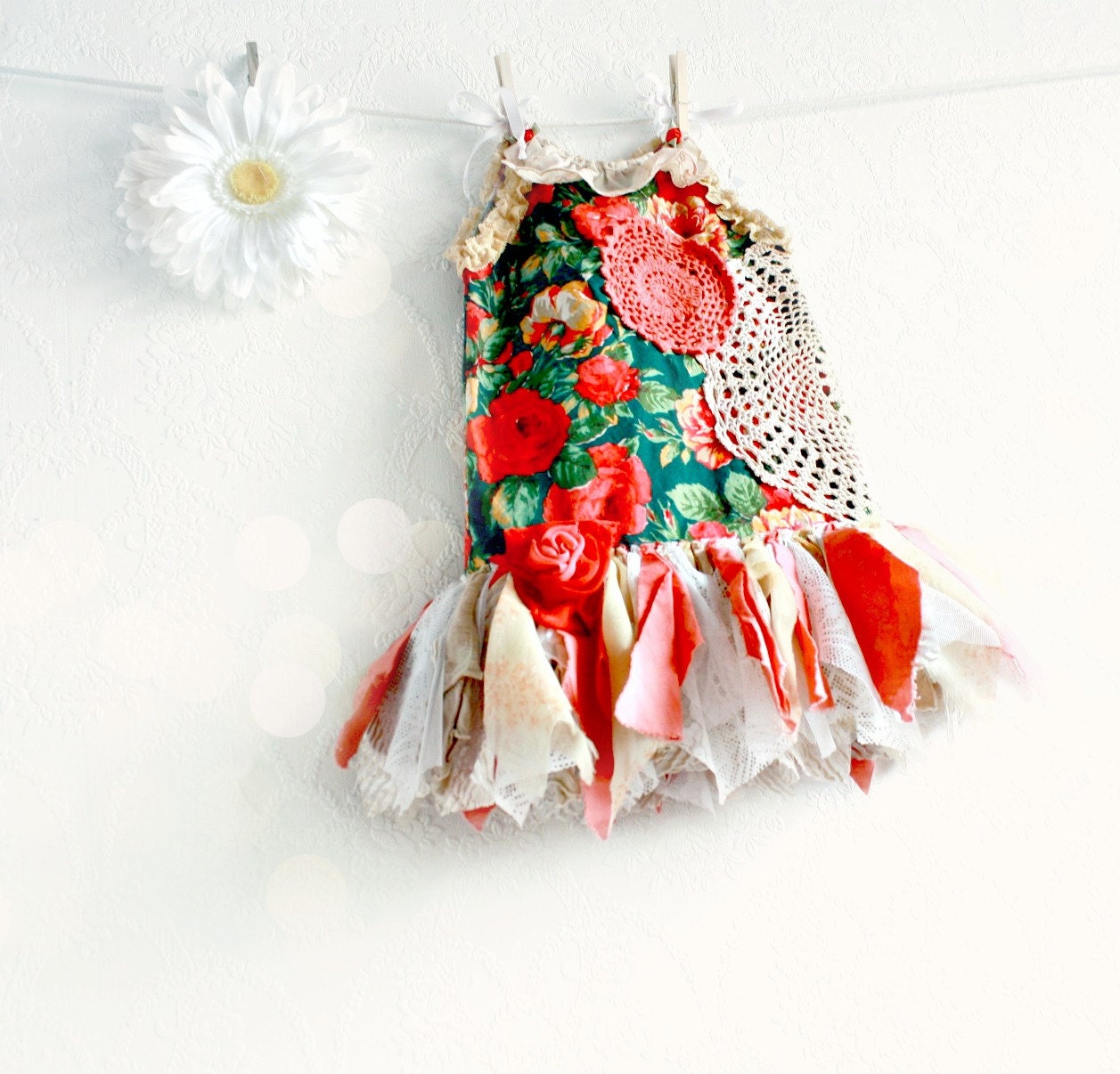 Red Rose Toddler's Clothing Little Girl's Dress Coral Lace Party Clothing Upcycled Children's Clothes 2T 'TEAGAN'