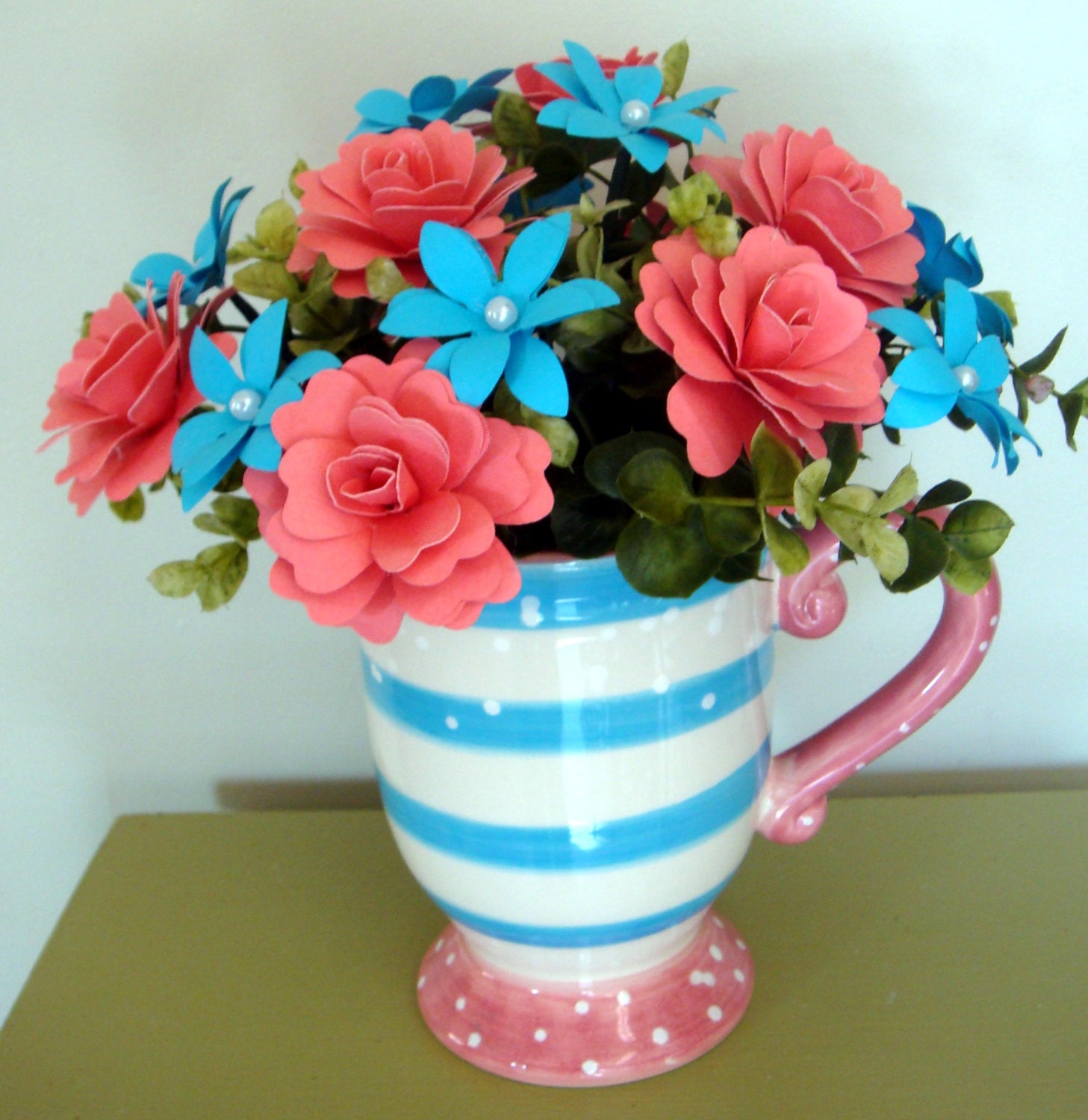 Mothers Day Paper Flower Arrangement Perfect for the one you Love in Salmon and Aqua