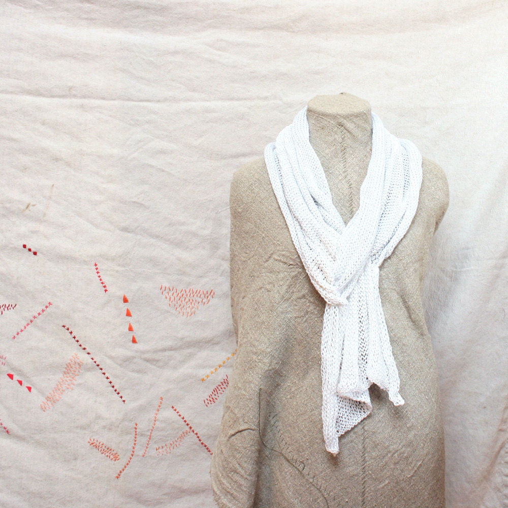 Bridal White Sprays of iridescent sequins on a chunky knit cotton linen infinity scarf - Diamonds