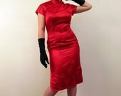 Vintage 1960s Red Wiggle Dress in Cheongsam Style by Bruce Arnold, Small