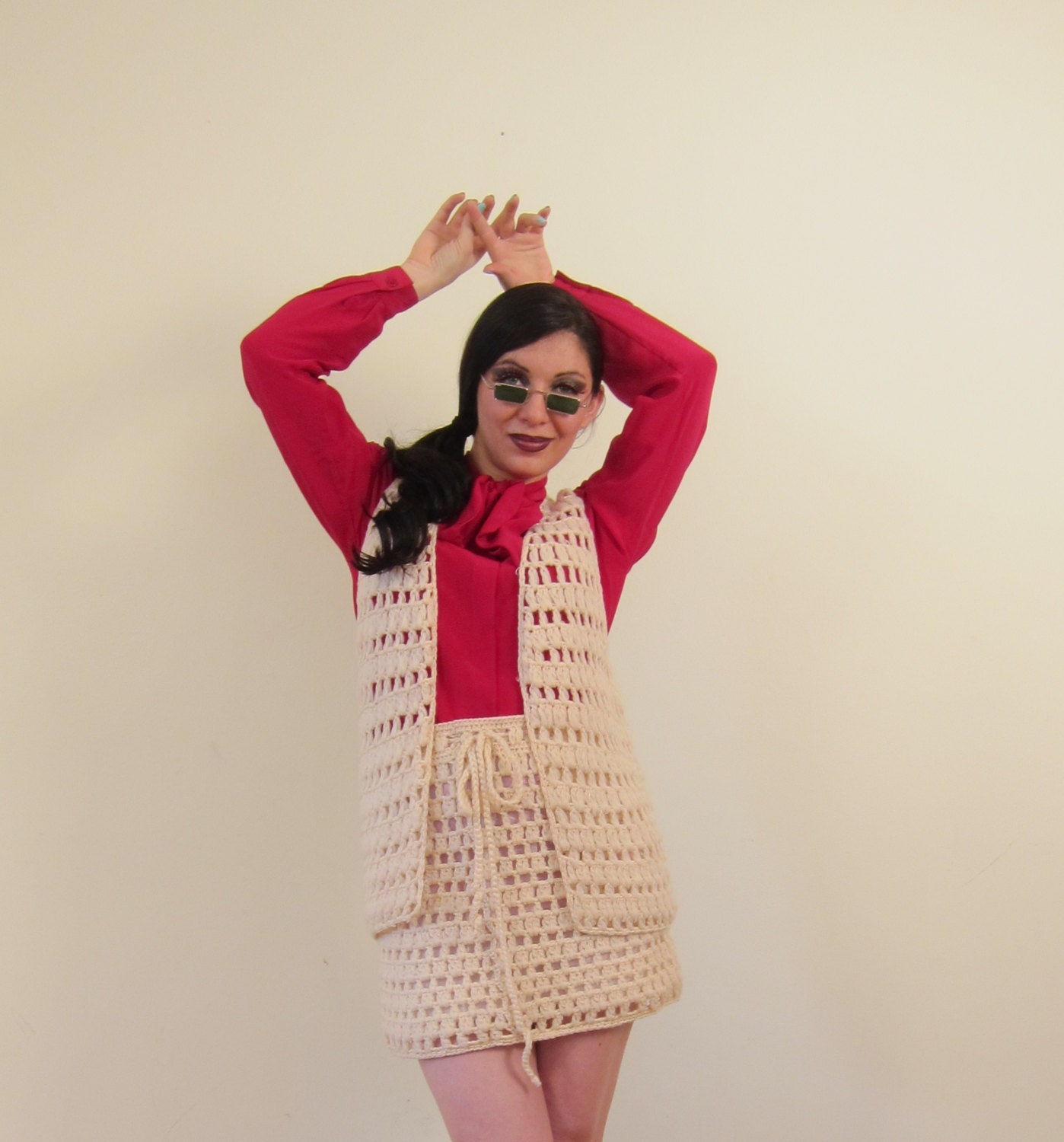 Vintage 1960s Crocheted Skirt and Vest Ensemble in Ivory Cream Hong Kong