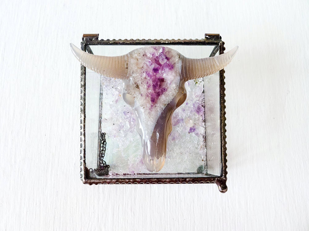Ziggy Ram Dust - Beveled Glass Jewelry Box with Agate Crystal Carved Bull Skull