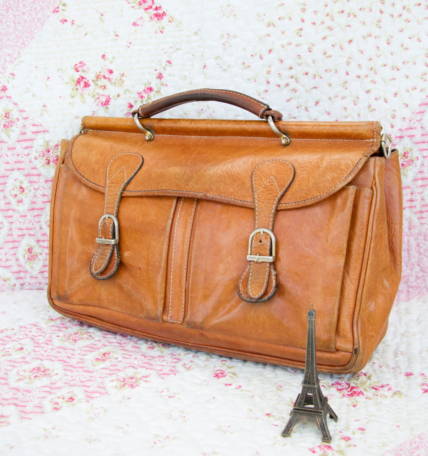 Worker Bee, French Vintage, 1970s Tan Leather Satchel, His and Hers Briefcase, Laptop Bag, Workbag, Handbag from Paris
