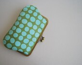 spring sale. large clutch purse. kiss lock purse. kiss lock wallet. metal frame purse. turquoise purse. purse with dots.