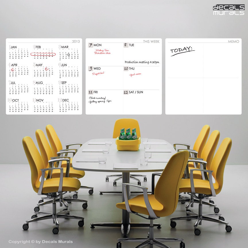 DRY ERASE set 2013 Yearly Calendar - Weekly - Memo wall decals - Erasable surface (MOD set of 3)