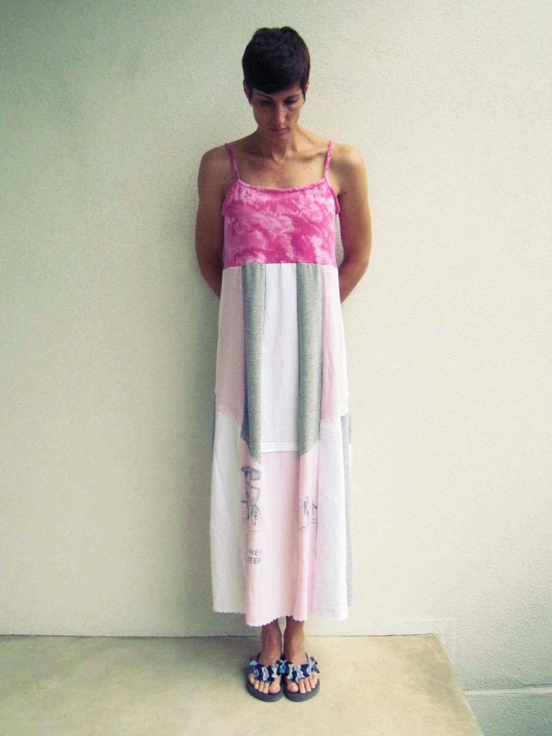 Tank Top T Shirt Dress / M - L / Pink White Gray / Soft / Cotton / Beach / Vacation / Recycled / Upcycled / Long / Fun / ohzie