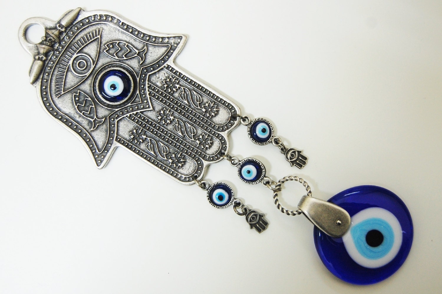 Hamsa Hand Wall Hanging Amulet Handmade Turkish Silver Plated Evil Eye Bead