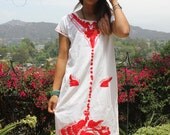 Fantastic Vintage Mexican Summer Tunic Hand Embroidered Frida Flowers and a Bold Peacock
