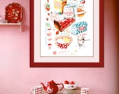 Strawberry pie recipe 12X16 Poster Kitchen art Food print Cake illustration drawing wall hanging French kitchen decor