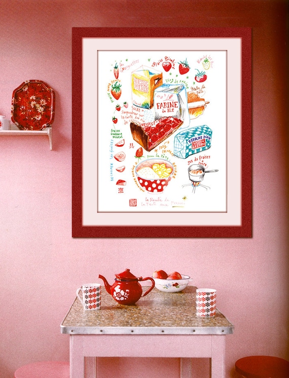 Strawberry pie recipe 12X16 Poster Kitchen art Food print Cake illustration drawing wall hanging French kitchen decor