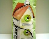 Bird House Charm - Pillow - Hand painted - Cottage Charm - French Country - 9X18 - Art - Bird House - White on green