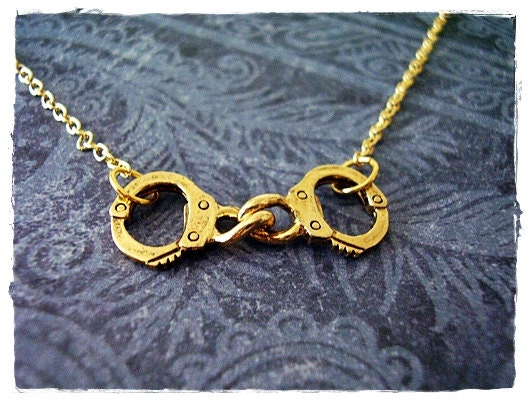 Tiny Gold Handcuffs Necklace - Antique Gold Pewter Handcuffs Charm on a Delicate 18 Inch Gold Plated Cable Chain