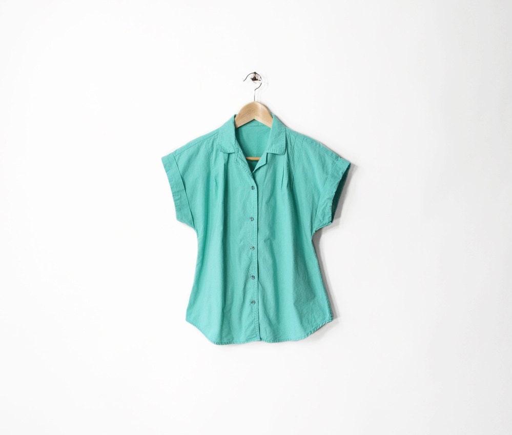 Vintage 80s Seafoam Green Cotton Camp Shirt - s