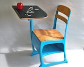 Mid-Century School Desk - Upcyled with Chalk Board Desktop & Bright Turquoise Blue